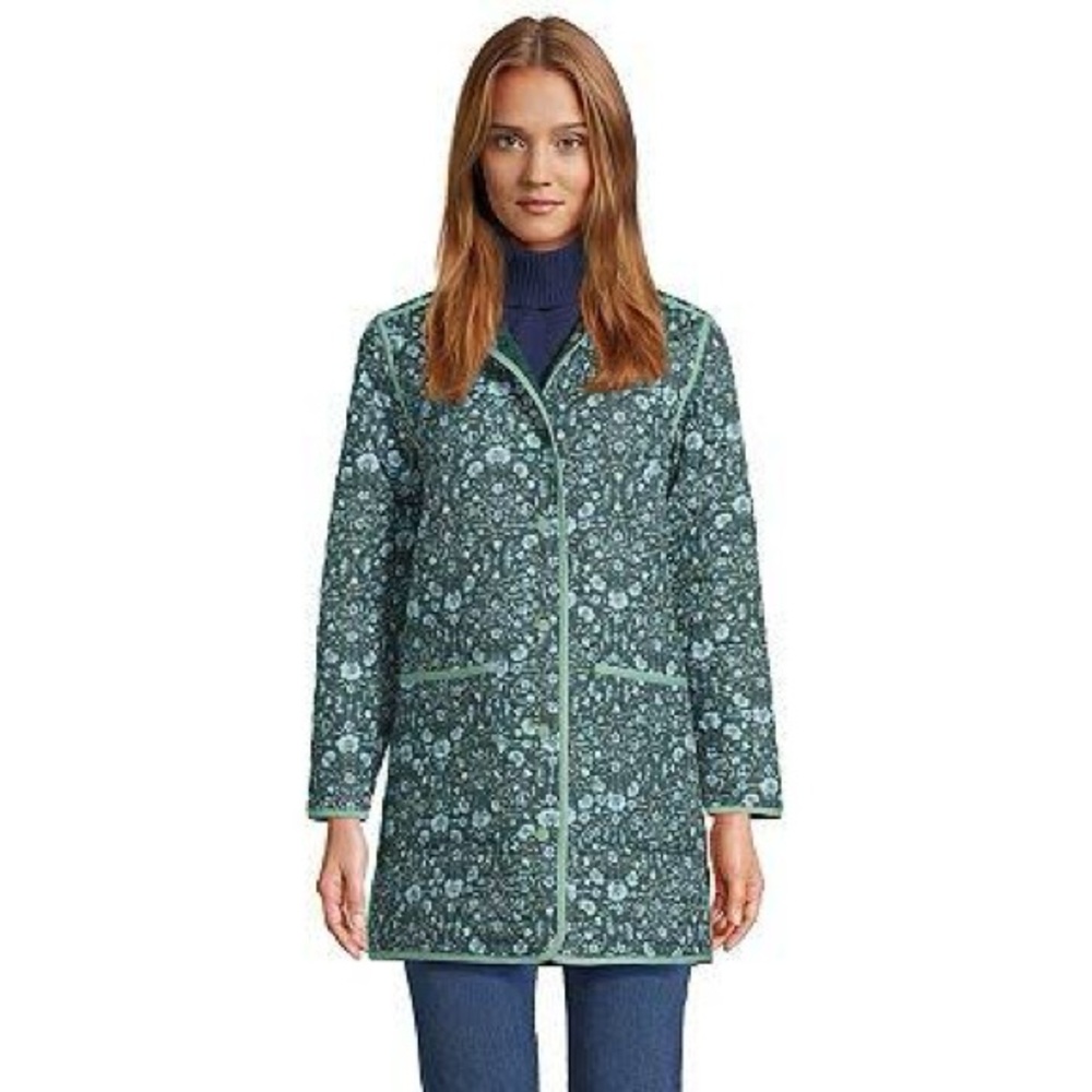 Lands' End Teal Floral Quilted Trench Coatigan reversible!!!